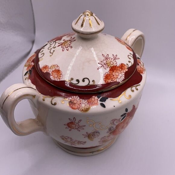 Vintage Japanese 1920’s Hand Floral Designed Porcelain Sugar Bowl - Picture 13 of 16